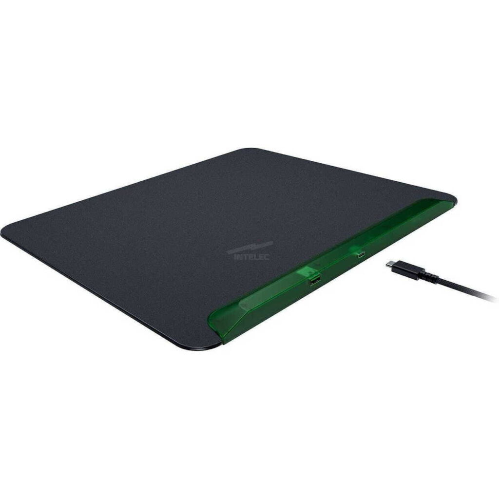 Slim black laptop/tablet with a translucent green side panel and a USB-C cable plugged into the side port.