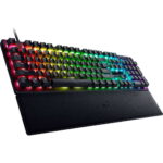 RGB backlit gaming keyboard with a long cushioned wrist rest on a white background