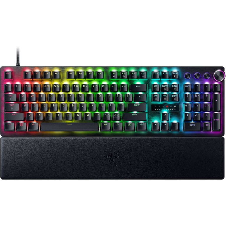 RGB backlit gaming keyboard with a black textured palm rest beneath the keys, wired connection visible at the top left