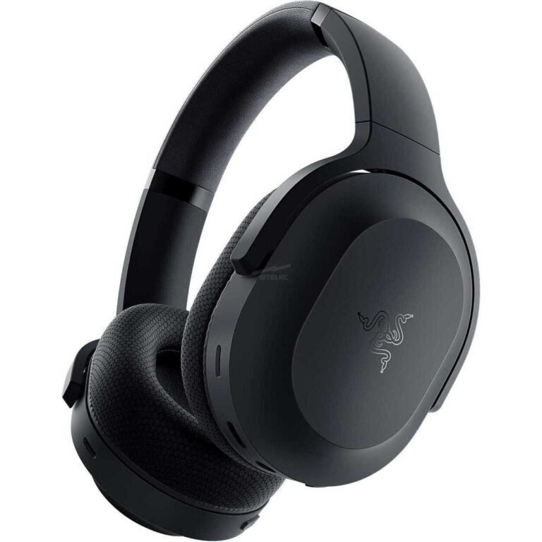 Black over-ear headphones with padded headphones and adjustable headband, showing a logo on the ear cup