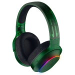 Green translucent over-ear gaming headset with black cushioned ear cups and RGB lighting on the ear cup edge, angled view