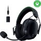 Black gaming headset with green stitching and an attached boom mic, shown with a USB-C adapter for Xbox compatibility.