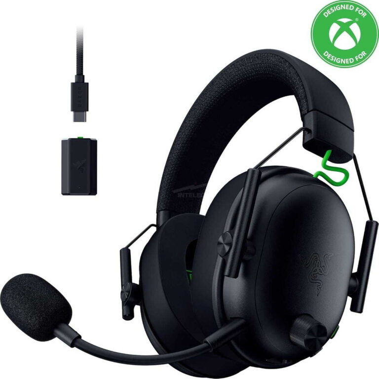 Black over-ear gaming headset with attached mic and green accents, shown with USB-C adapter and a green Xbox-designed-for badge