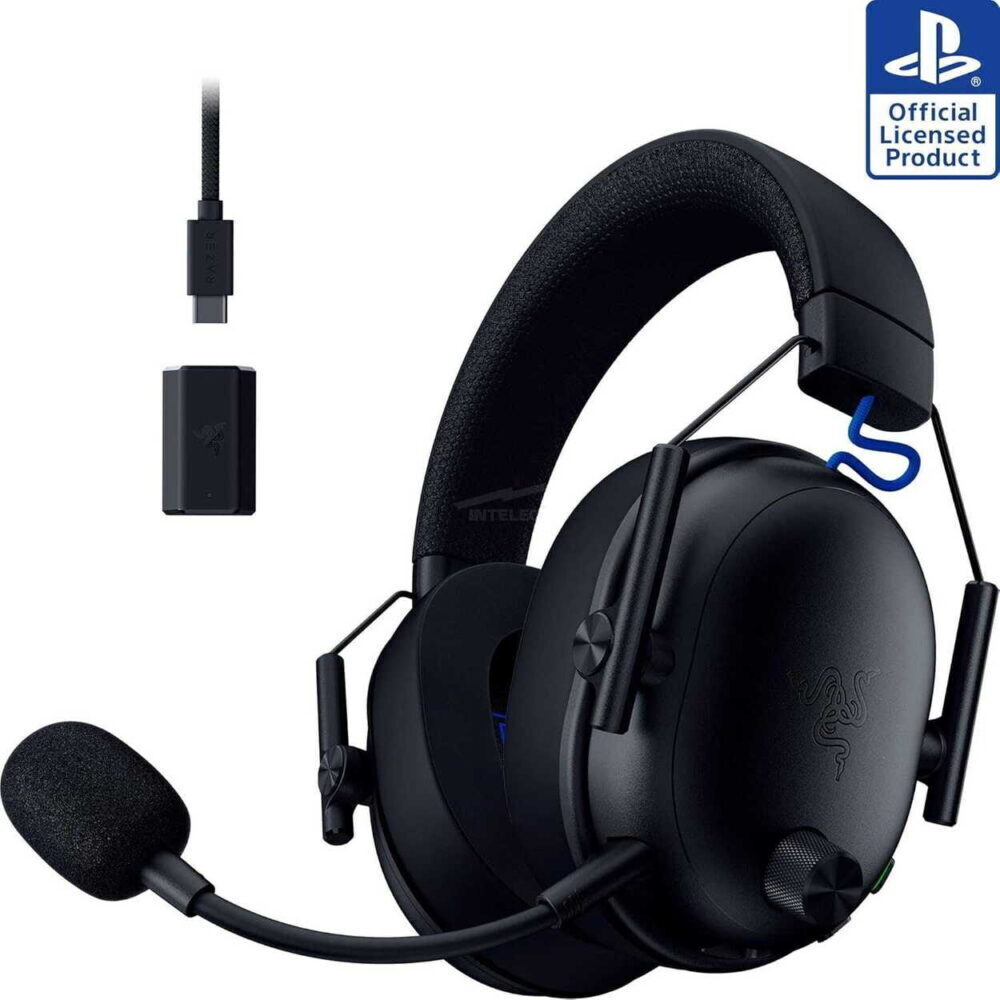 Black over-ear gaming headset with a boom microphone and a small USB wireless dongle nearby, labeled as an Official Licensed Product in the corner