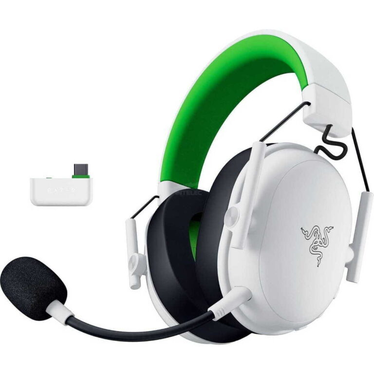 White gaming headset with a green interior headband, black ear cushions, and attached flexible microphone.