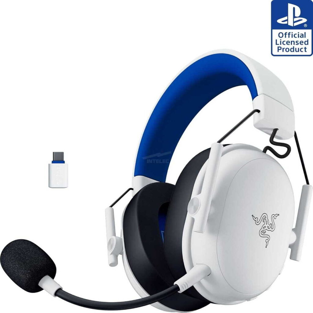 White and blue over-ear gaming headset with attached mic and USB-C dongle for wired/wireless connections