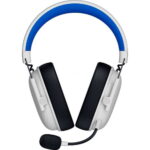 White over-ear headphones with a blue headband and an attached microphone on the left side