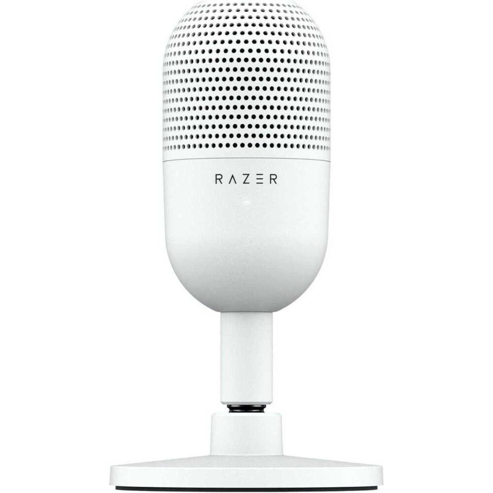 White Razer microphone on a stand with a perforated metal grille and the RAZER logo.