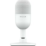 White Razer microphone on a stand with a perforated metal grille and the RAZER logo.