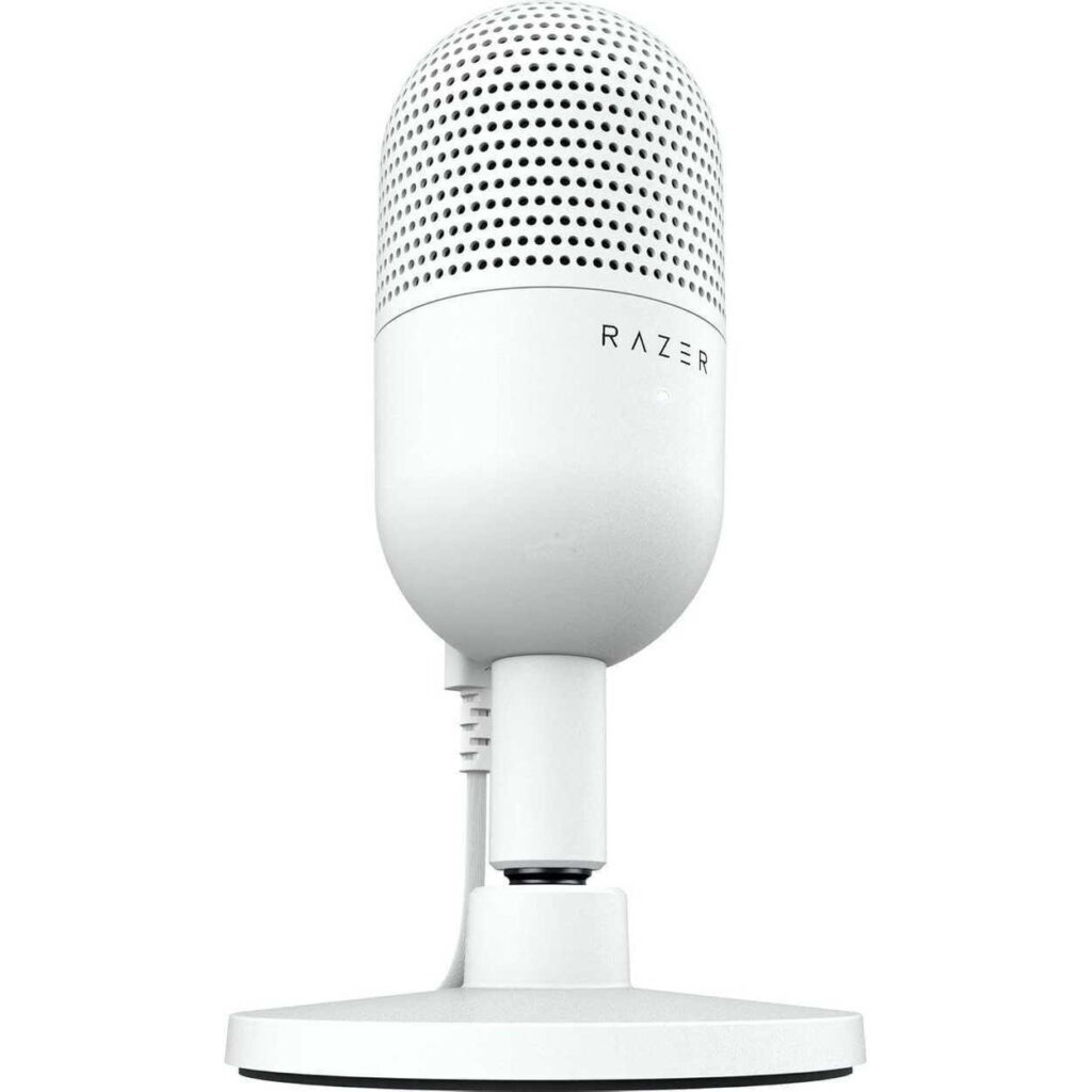 White USB microphone with perforated grille on a round stand, branded 'RAZER' for desktop recording use.