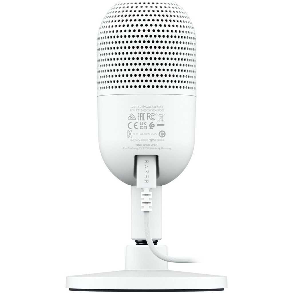 White desktop USB microphone mounted on a round stand with a perforated metal grille and attached cable