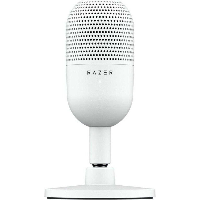 White Razer microphone on a stand with a perforated metal grille and the RAZER logo.