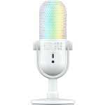 White USB microphone with rainbow LED grid on the capsule and metal yoke.