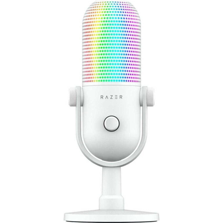 White Razer microphone with a multicolor LED-covered top, mounted on a white stand; branding visible on the body.