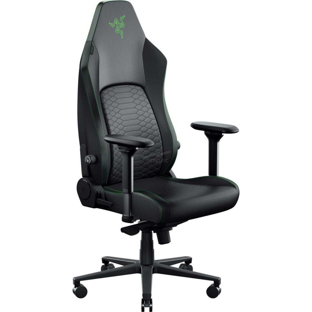 Ergonomic gaming chair with black-and-gray upholstery, green stitching, and honeycomb seat pattern.