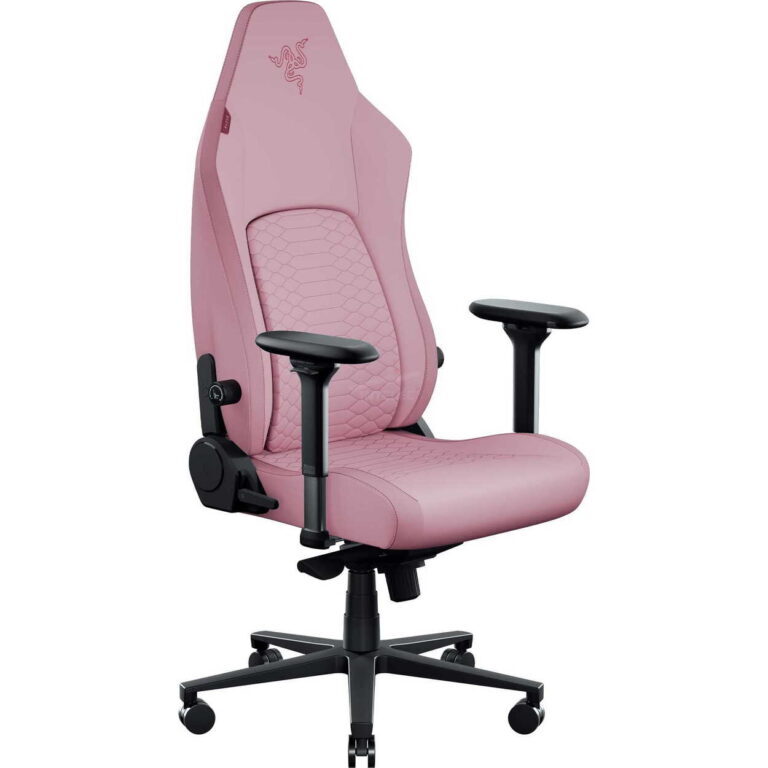 Pink ergonomic office chair with hexagonal stitch pattern, adjustable armrests, and a five-wheel base for mobility.