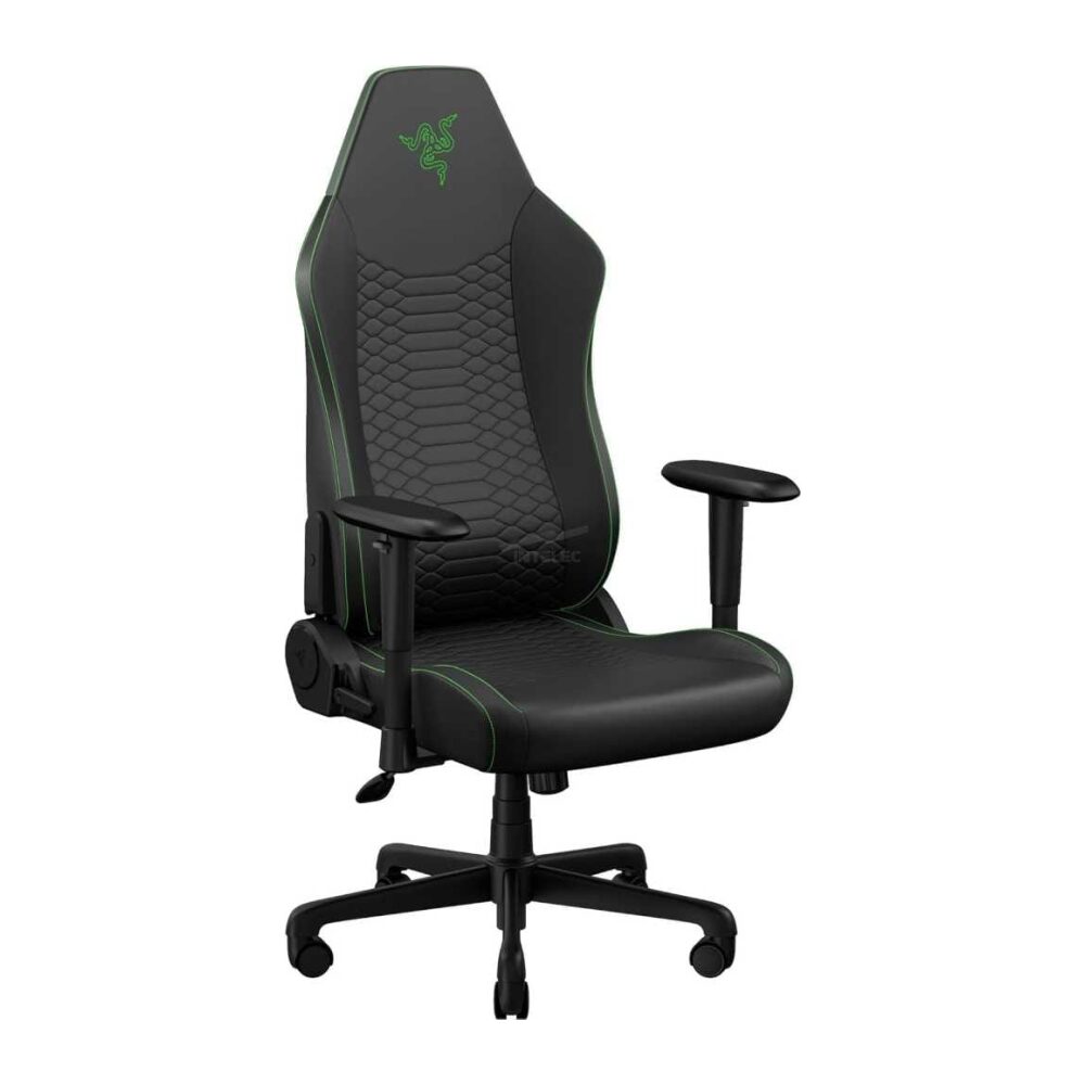 Gaming chair with black upholstery, green stitching, and padded headrest; five-wheel base and adjustable armrests.