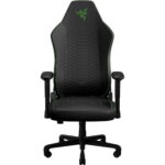Black gaming chair with a quilted seat and green stitching, high back, armrests, and a five-caster base; features a Razer logo on the headrest.