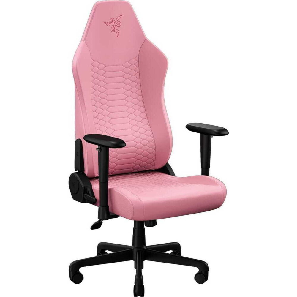 Pink ergonomic gaming chair with quilted backrest, black armrests and wheeled base.
