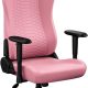 Pink ergonomic gaming chair with quilted backrest, black armrests and wheeled base.