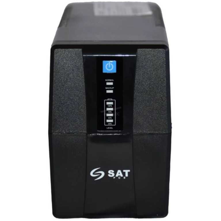 Front view of a compact black SAT UPS with a blue power button and battery level indicator on the control panel