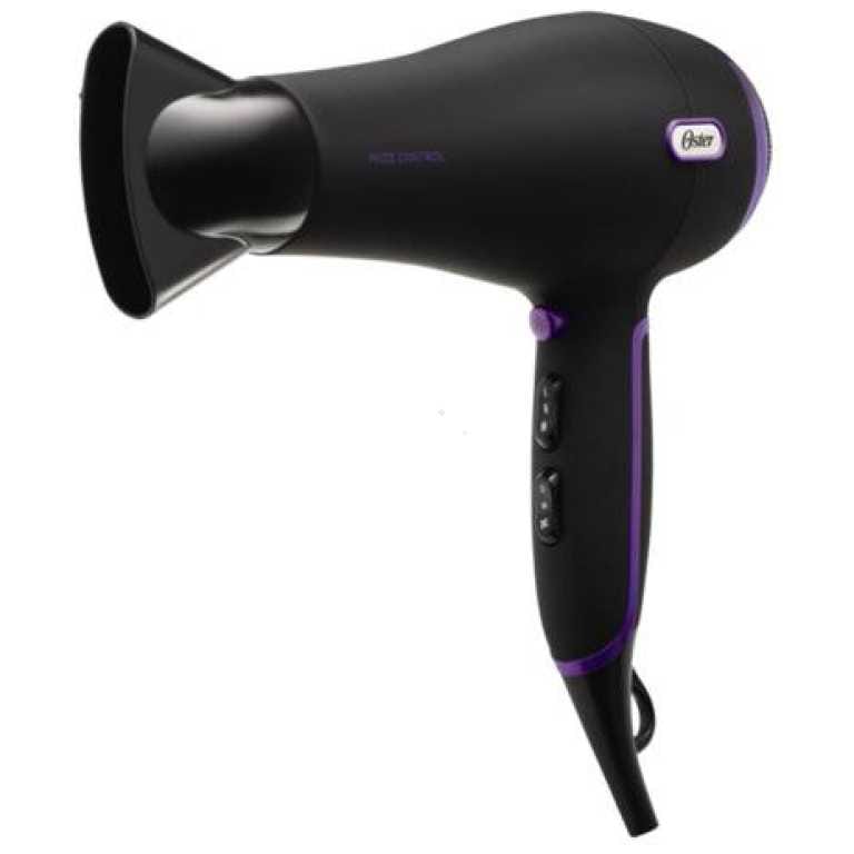 Black hair dryer with purple trim and a concentrator nozzle, angled to the left.
