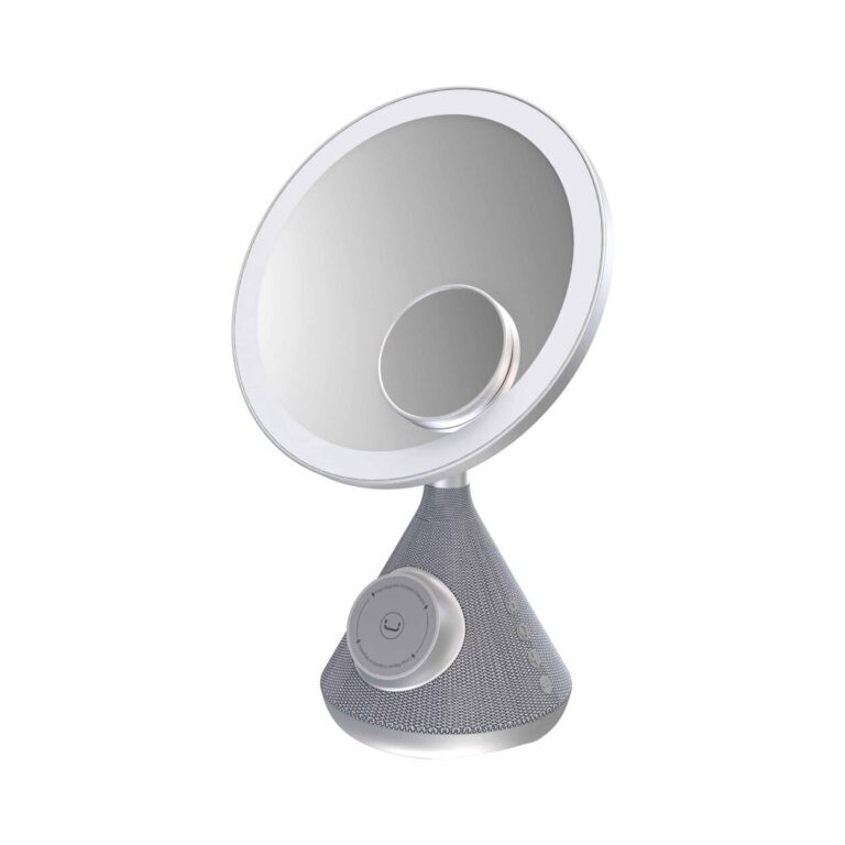 Cone-shaped gray fabric lamp with a round control dial on its textured base