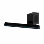 Black, tall speaker with a circular driver on the front paired with a long, slim soundbar below it.
