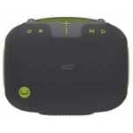 Black portable Bluetooth speaker with lime green accents and a small smiley logo on the front bottom left.