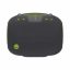 Black portable Bluetooth speaker with lime green accents and a small smiley logo on the front bottom left.