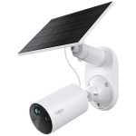 Outdoor solar-powered security camera with a cylindrical body and attached solar panel for continuous power supply