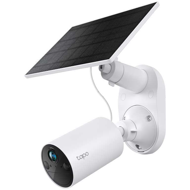 Outdoor solar-powered security camera with a cylindrical body and attached solar panel for continuous power supply