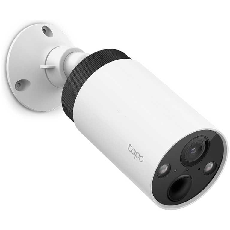 White cylindrical security camera mounted on a wall bracket, showing a black front panel with lens and sensors (Tapo brand).