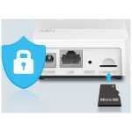 White network device with a LAN port, power and reset labels, and a micro SD card slot being accessed; a blue shield with a padlock signifies security attached to the image.