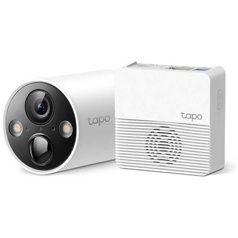 White Tapo security camera with circular front panel and lens, paired with a white base station.