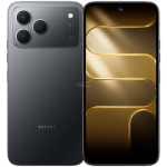 Tecno smartphone shown from back and front: triple-camera setup on the rear and a gold abstract wallpaper on the display.