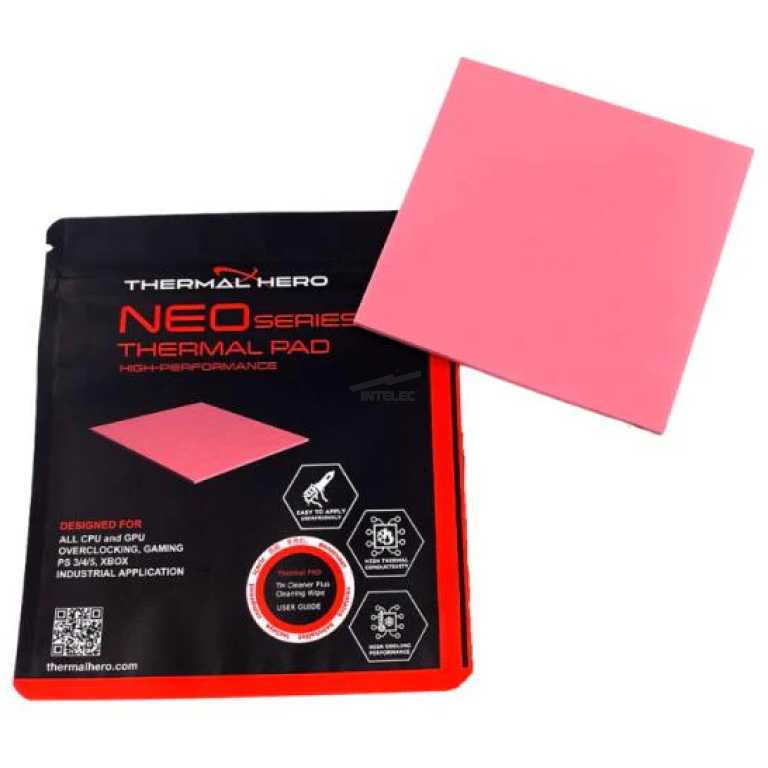 Pink square thermal pad next to black and red Neo Series packaging labeled 'Thermal Pad' from Thermal Hero.