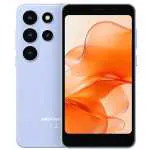Blue smartphone shown from back and front; back has a four‑camera module, front displays orange abstract wallpaper.