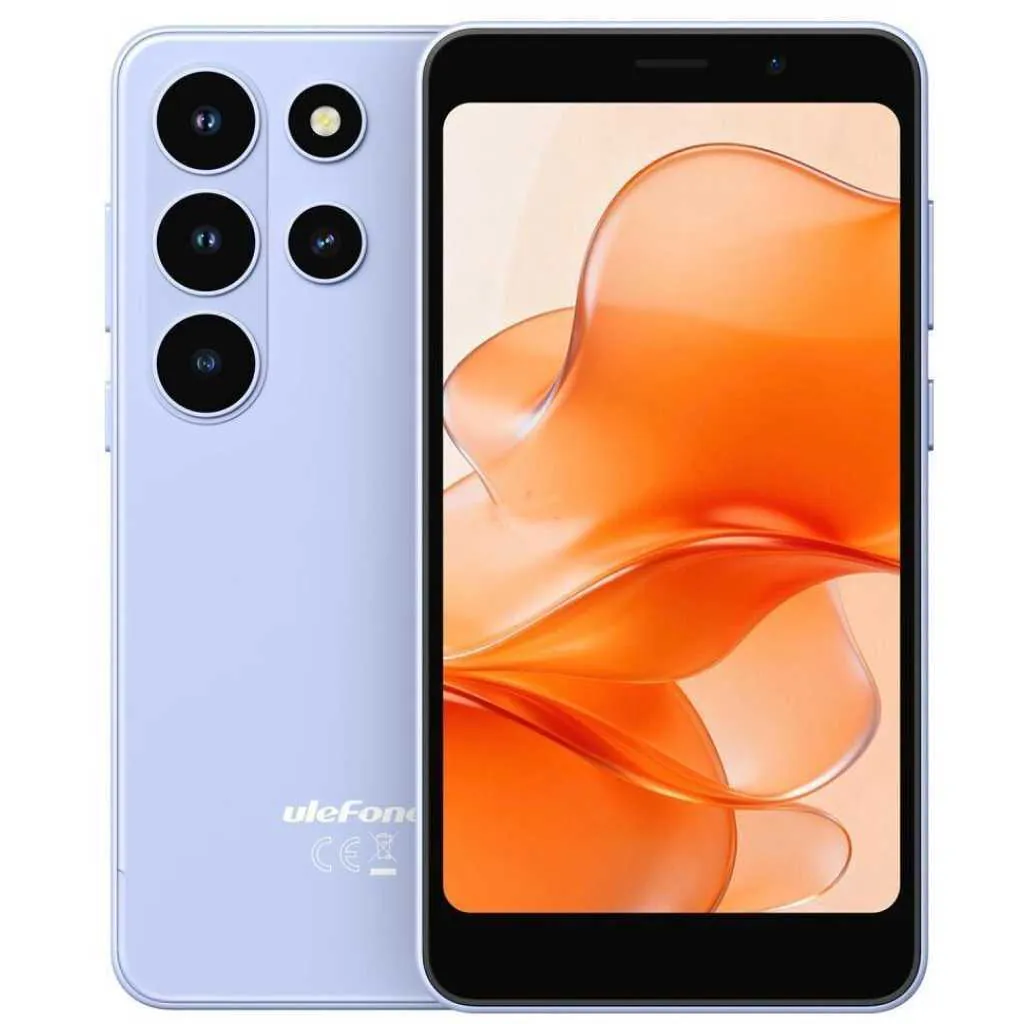 Blue smartphone shown from back and front; back has a four‑camera module, front displays orange abstract wallpaper.