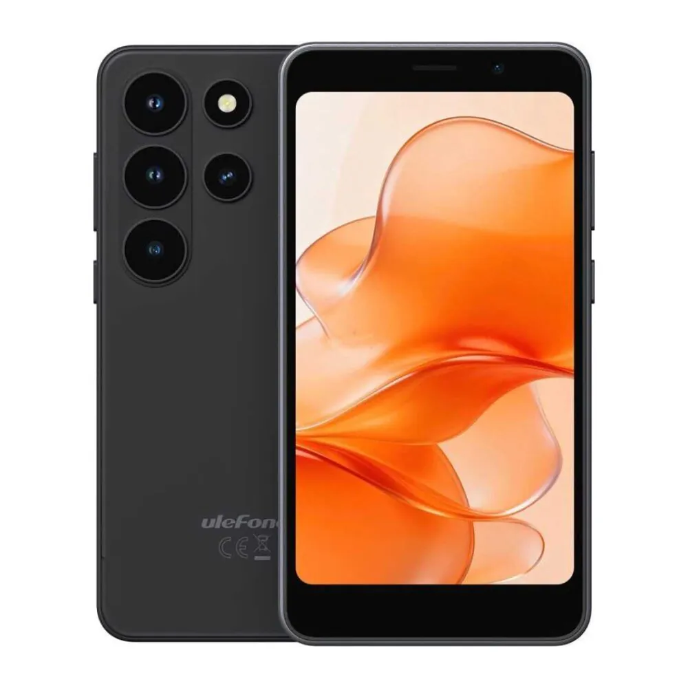 Black smartphone shown from front and back, featuring a quad-camera module on the rear panel