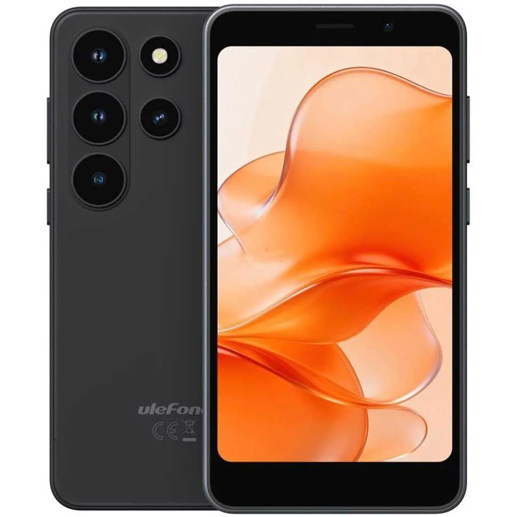 Black smartphone shown from front and back, featuring a quad-camera module on the rear panel