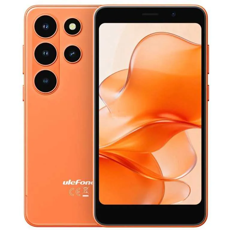 Orange Ulefone smartphone with a five-camera rear module and a large edge-to-edge display showing an orange abstract wallpaper.