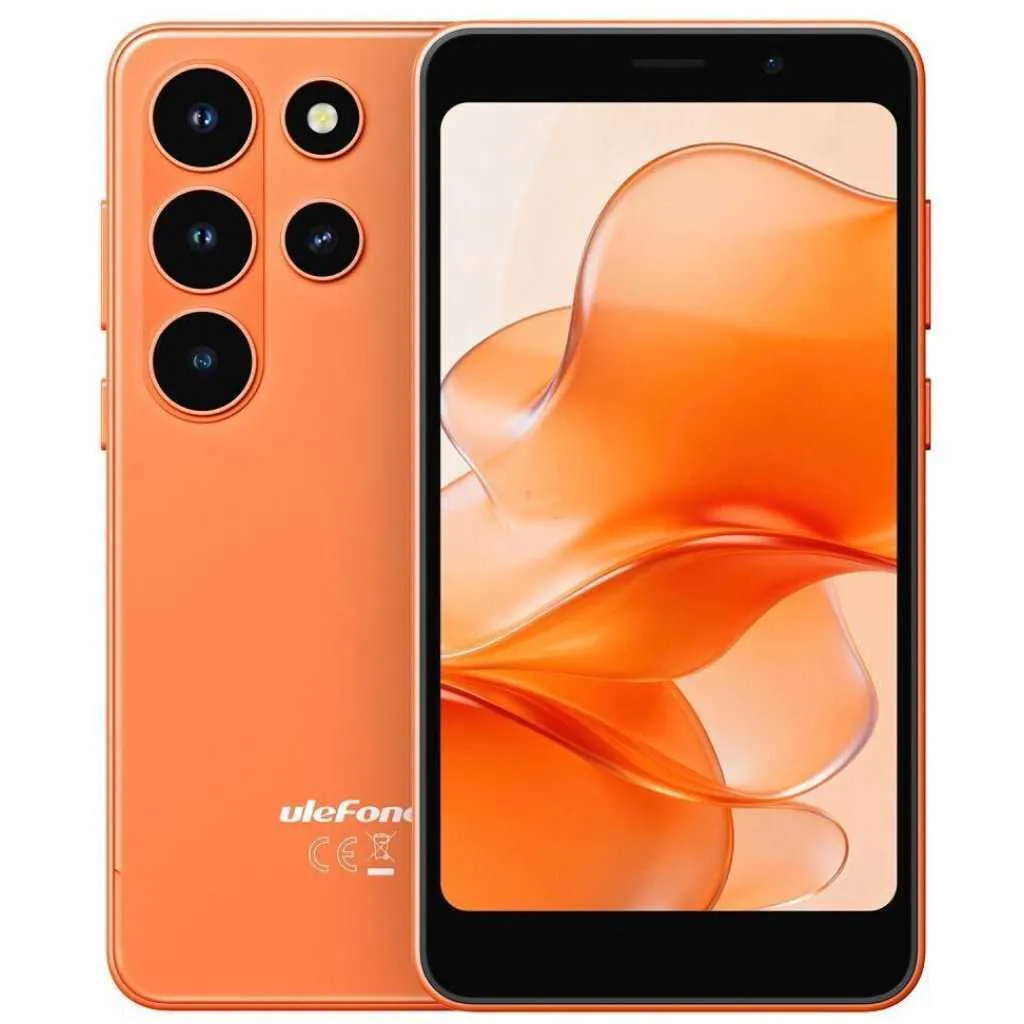 Orange Ulefone smartphone with a five-camera rear module and a large edge-to-edge display showing an orange abstract wallpaper.