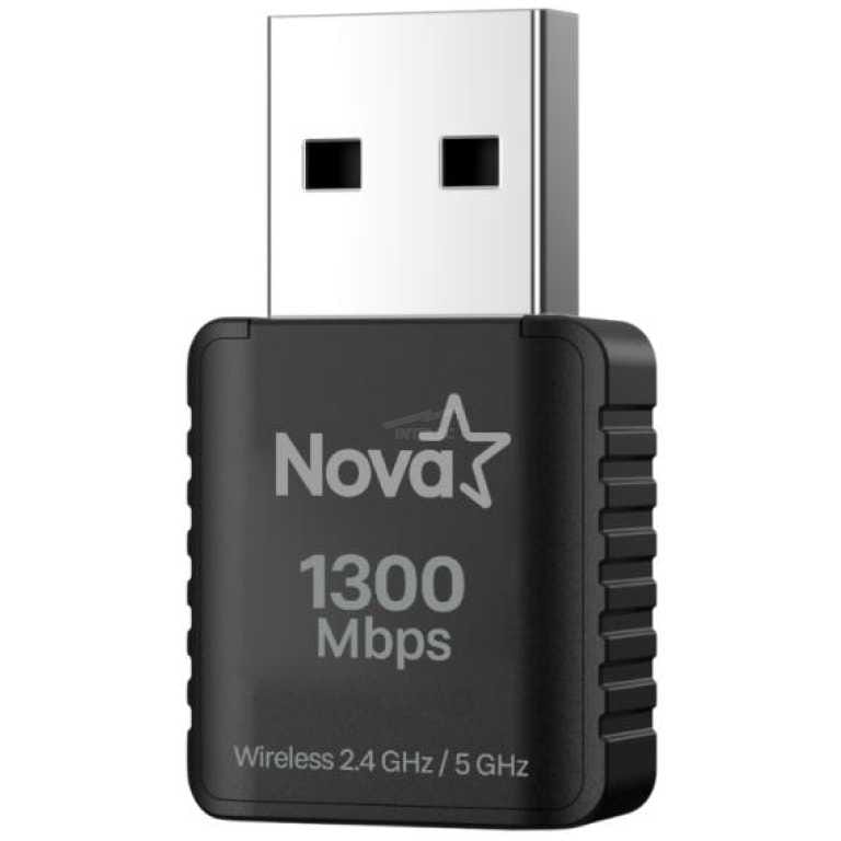 USB wireless adapter (Nova) with a 1300 Mbps on-device label, dual-band 2.4/5 GHz, used to add Wi‑Fi to a computer or laptop