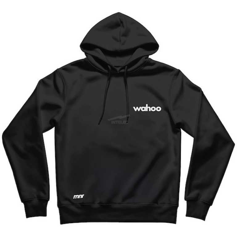 Black pullover hoodie with drawstrings, featuring a white 'wahoo' logo on the chest and small 'mnr' text near the lower edge.