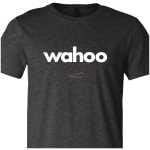 Dark heather gray T-shirt with large white 'wahoo' text across the chest, short sleeves visible.