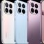 Five smartphones lined up diagonally in black, white, light blue, lavender, and pink, showing large quad/triple-camera module on the back.