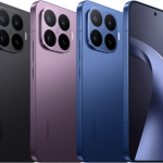 Four Xiaomi smartphones shown from the back in black, pink, blue, and dark blue, featuring a square quad-camera module.
