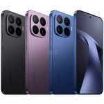 Four Xiaomi smartphones shown from the back in black, pink, blue, and dark blue, featuring a square quad-camera module.
