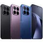 Four Xiaomi smartphones shown from the back in black, pink, blue, and dark blue, featuring a square quad-camera module.